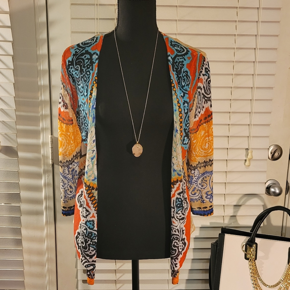 Chicos 3/4 Sleeve Open Sweater Geometric Multicolor Lightweight Size 0 (Small 4)